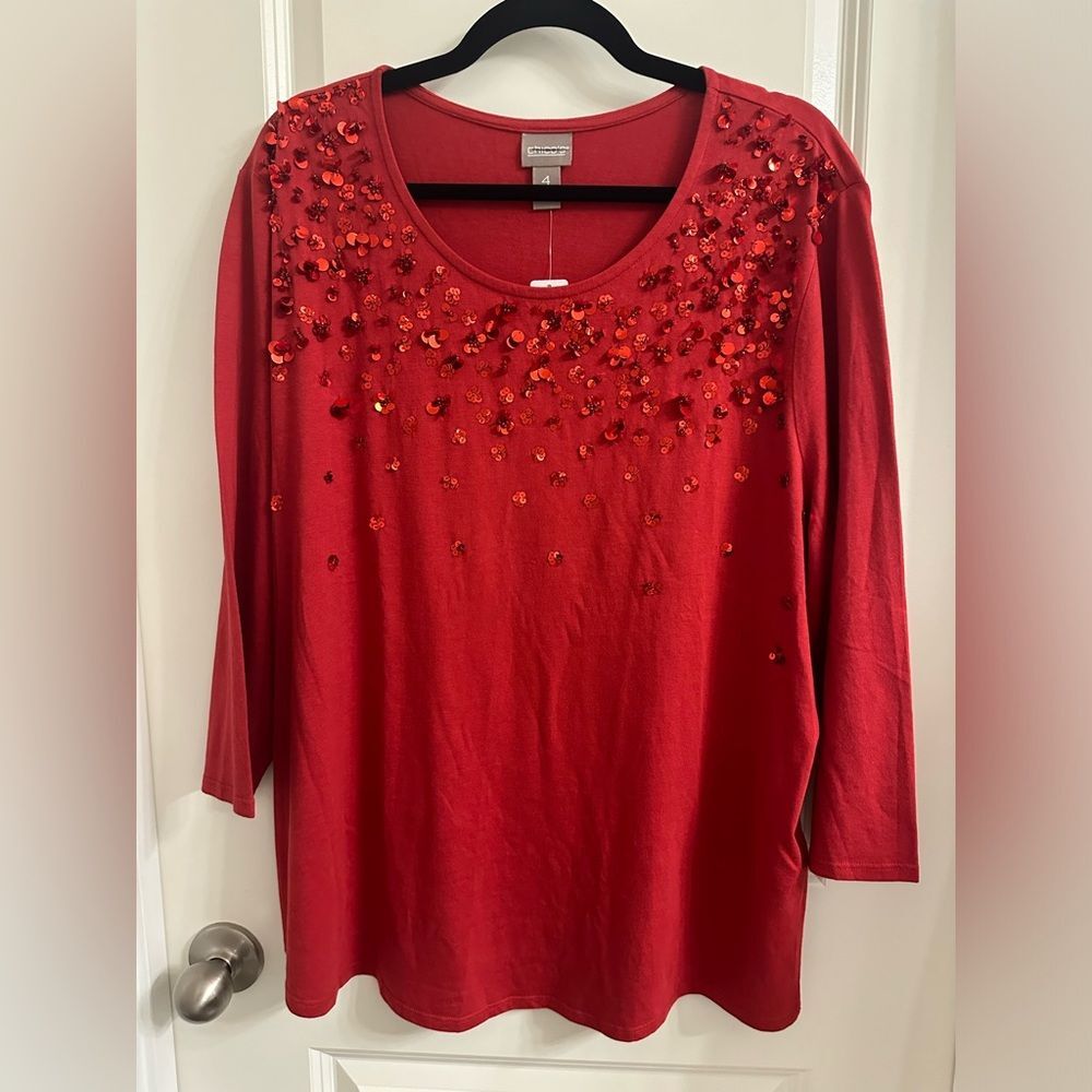 Chico’s Sequin Paillettes Scoop‎ Neck Top SZ 4 Long Sleeve Color Red